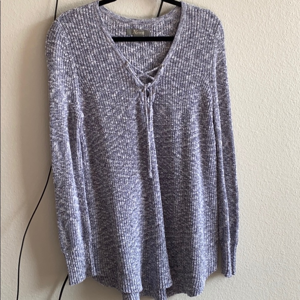 Blueish/grey sweater with tie v-neck